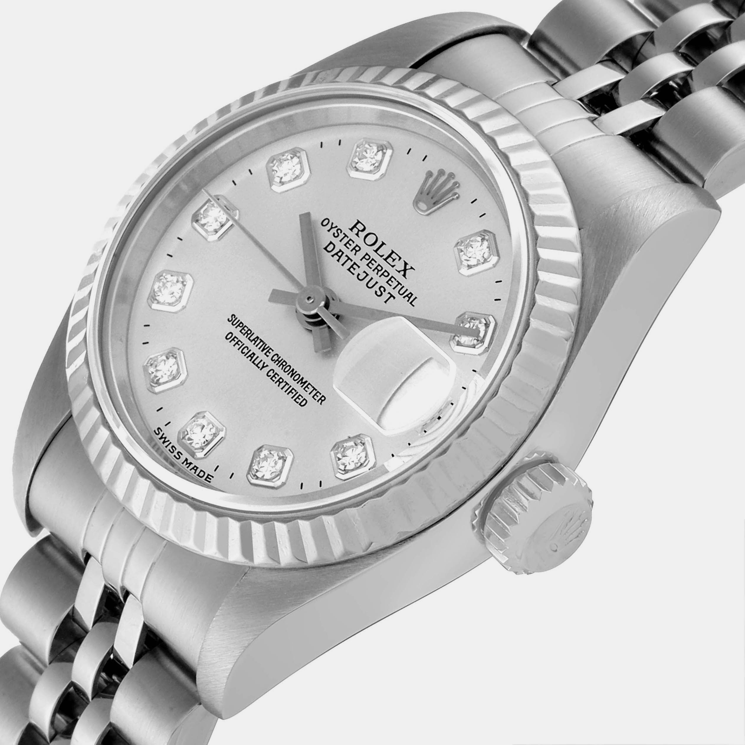 

Rolex Silver Diamond 18k White Gold And Stainless Steel Datejust 69174 Automatic Women's Wristwatch 26 mm