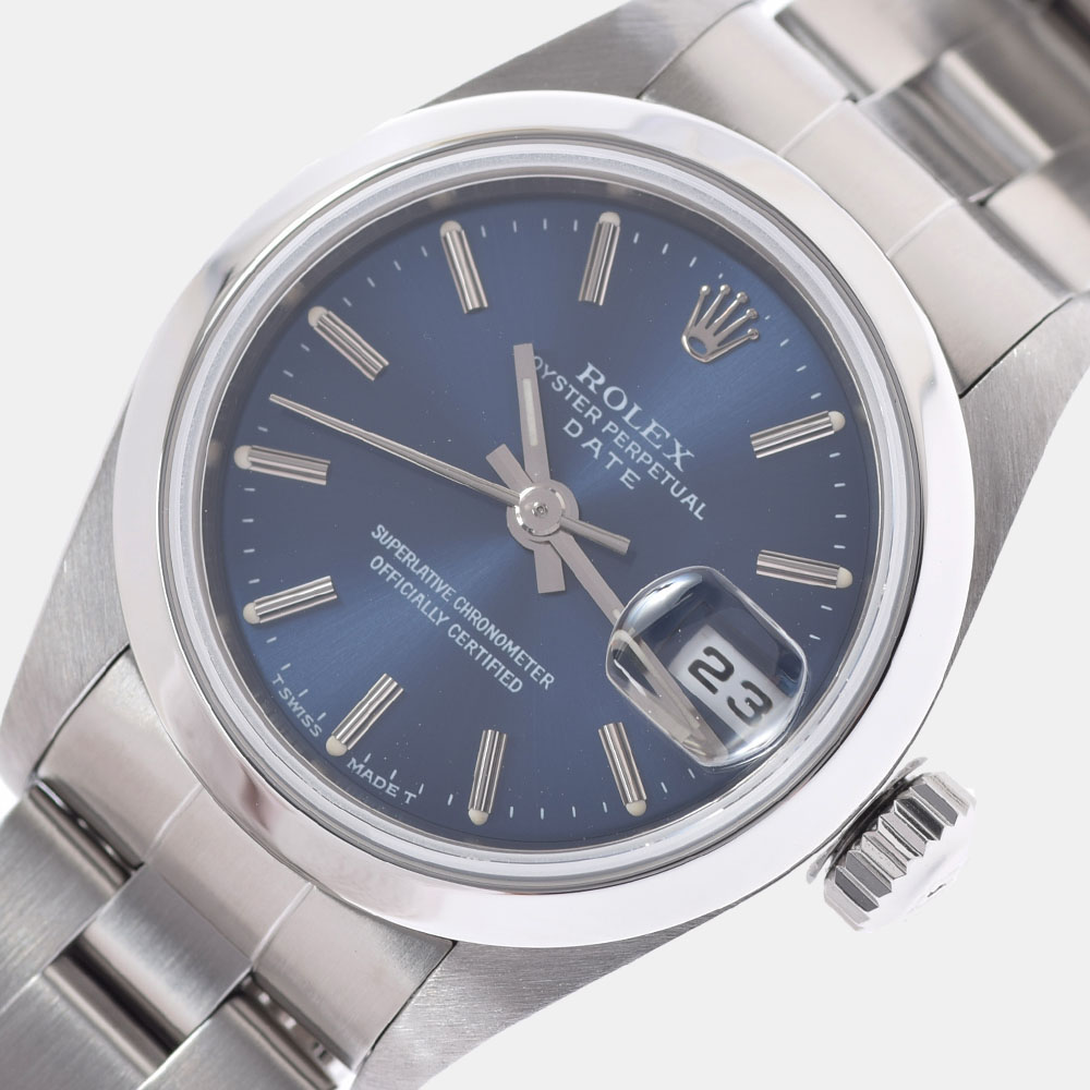 

Rolex Blue Stainless Steel Oyster Perpetual Date 69160 Women's Wristwatch 26 mm