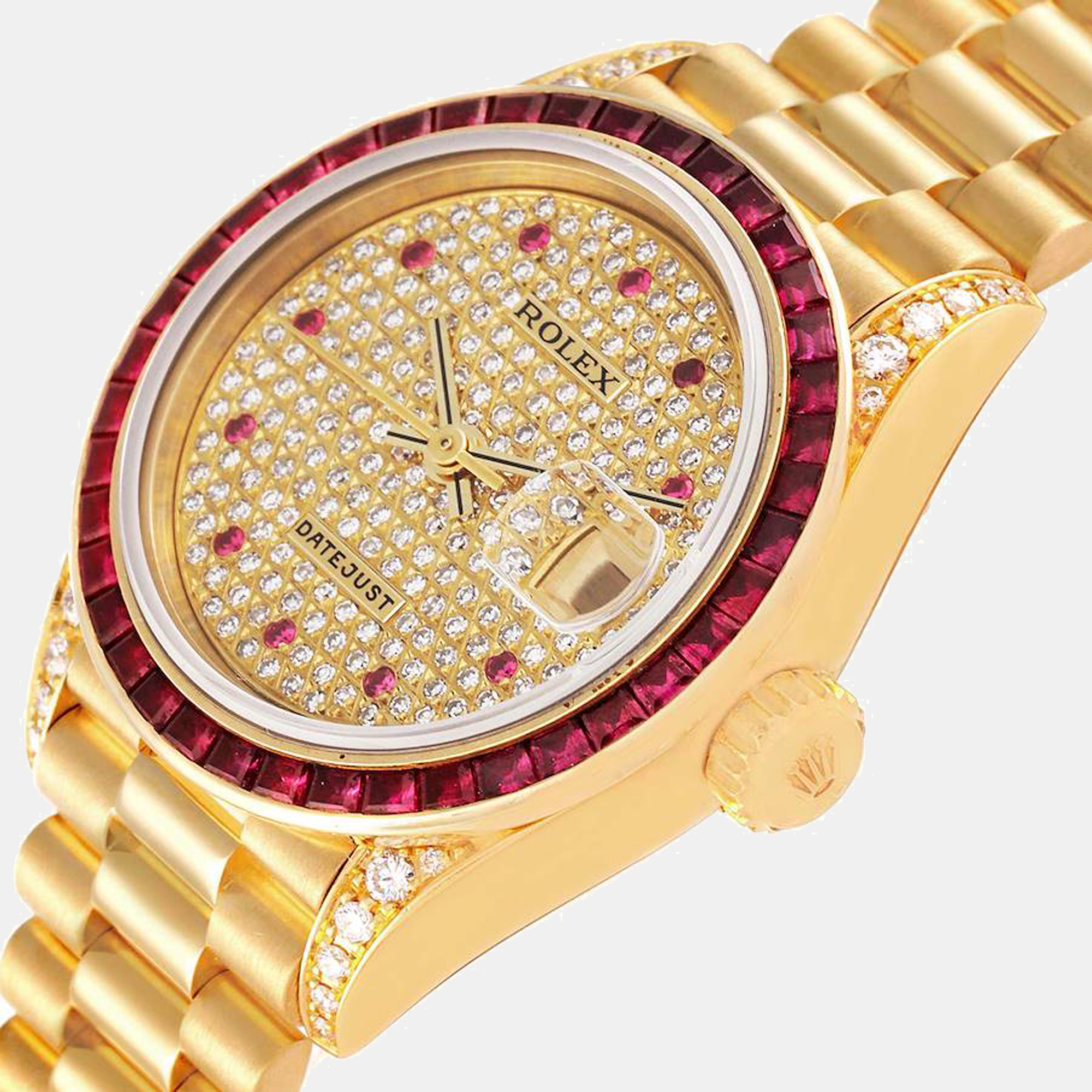 

Rolex Champagne Ruby And Diamonds 18K Yellow Gold President Datejust 69198 Women's Wristwatch 26 mm