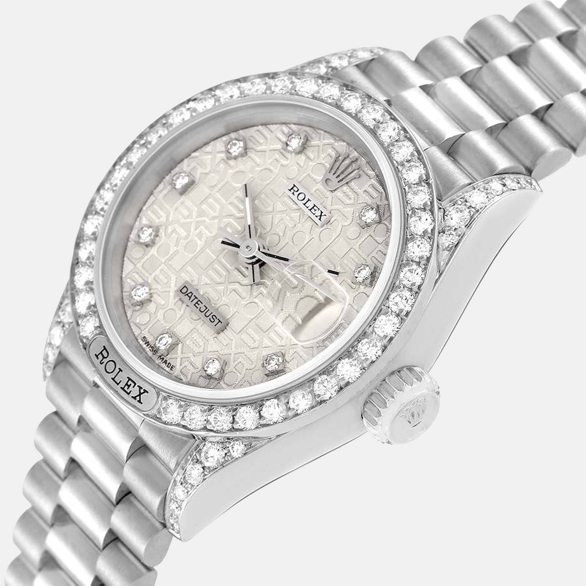 

Rolex Silver Diamonds 18K White Gold President Datejust 69159 Automatic Women's Wristwatch 26 mm