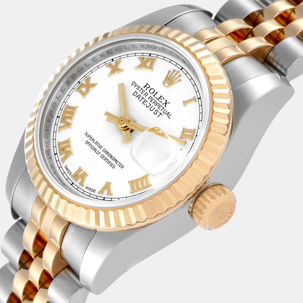 

Rolex White 18k Yellow Gold And Stainless Steel Datejust 179173 Automatic Women's Wristwatch 26 mm