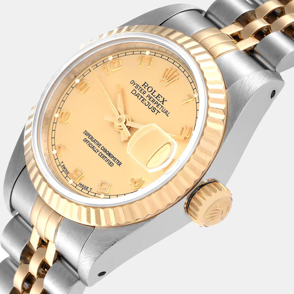 

Rolex Champagne 18k Yellow Gold And Stainless Steel Datejust 69173 Automatic Women's Wristwatch 26 mm