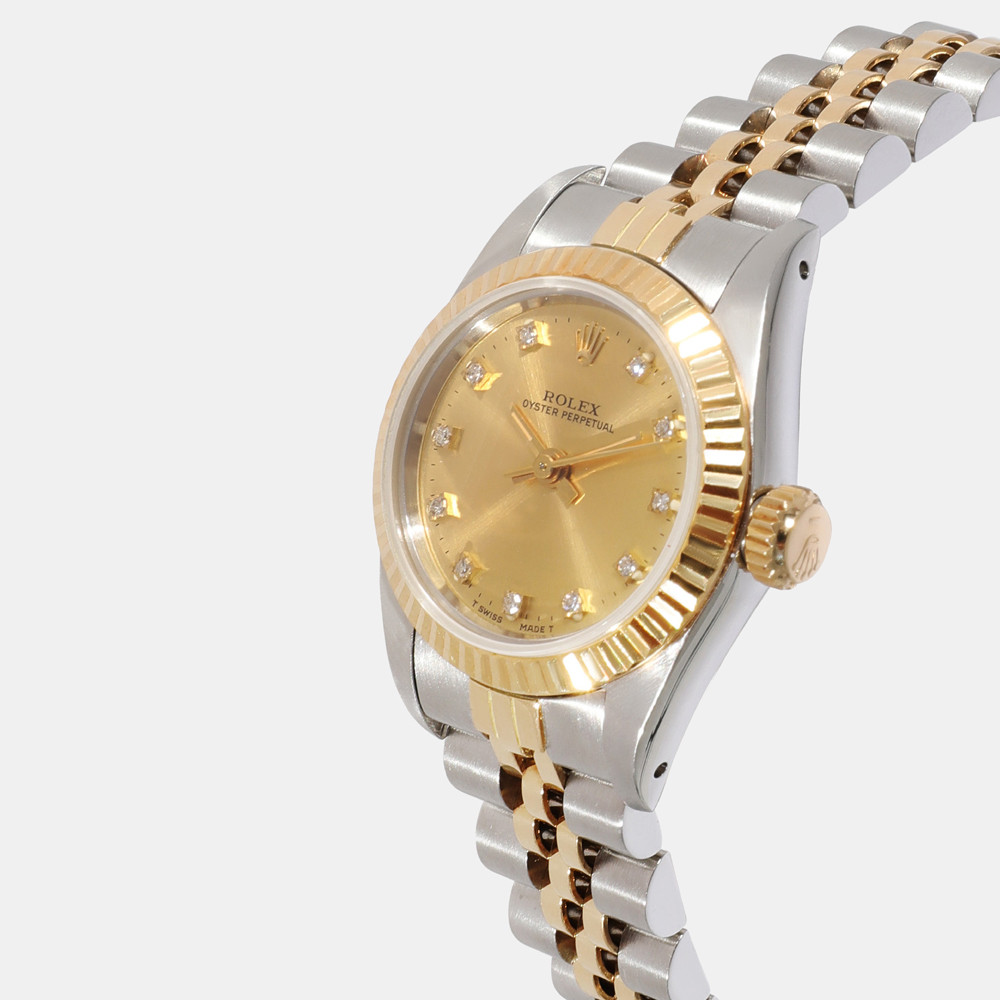 

Rolex Champagne Diamond 18K Yellow Gold And Stainless Steel Oyster Perpetual 67193 Automatic Women's Wristwatch 24 mm