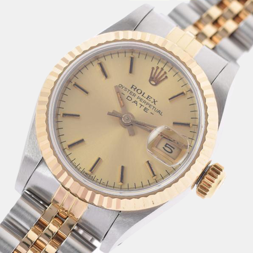 

Rolex Champagne 14K Yellow Gold And Stainless Steel Oyster Perpetual Date 69173 Automatic Women's Wristwatch 26 mm