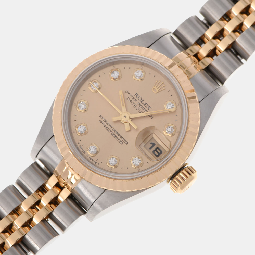 

Rolex Champagne Diamond 18k Yellow Gold And Stainless Steel Datejust 69173G Automatic Women's Wristwatch 26 mm