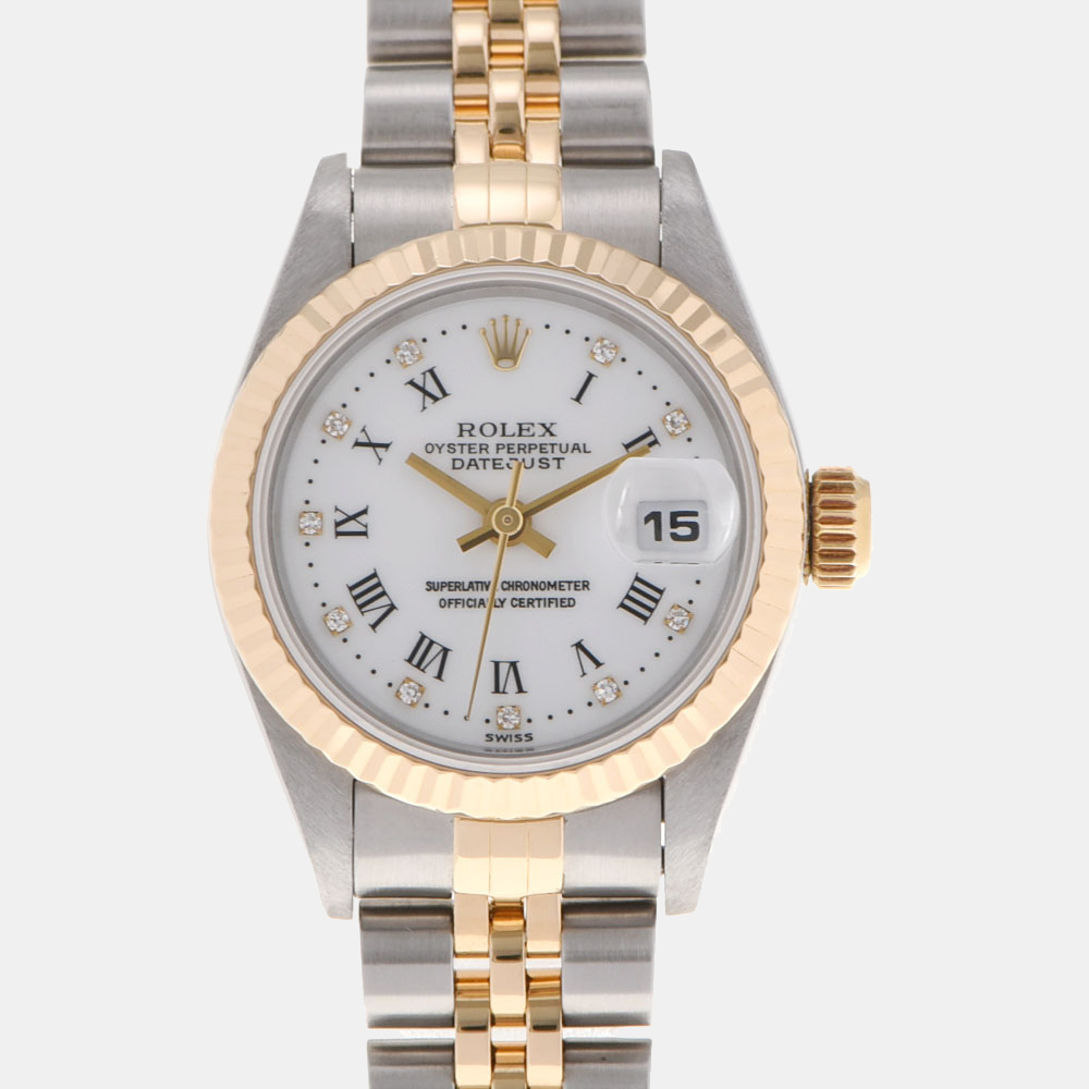 Pre Owned Rolex White Diamond 18k Yellow Gold And Stainless Steel Datejust 69173G Automatic Women's Wristwatch 26 mm