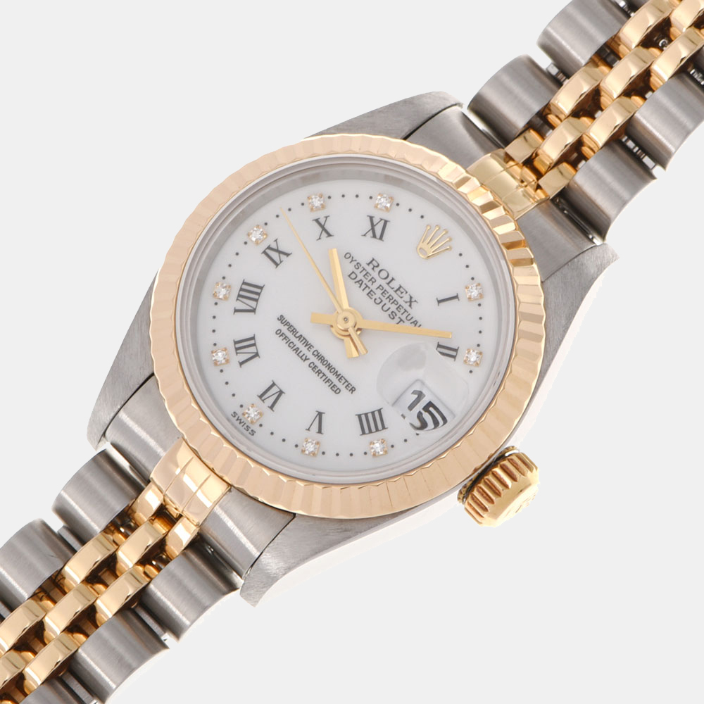 

Rolex White Diamond 18k Yellow Gold And Stainless Steel Datejust 69173G Automatic Women's Wristwatch 26 mm