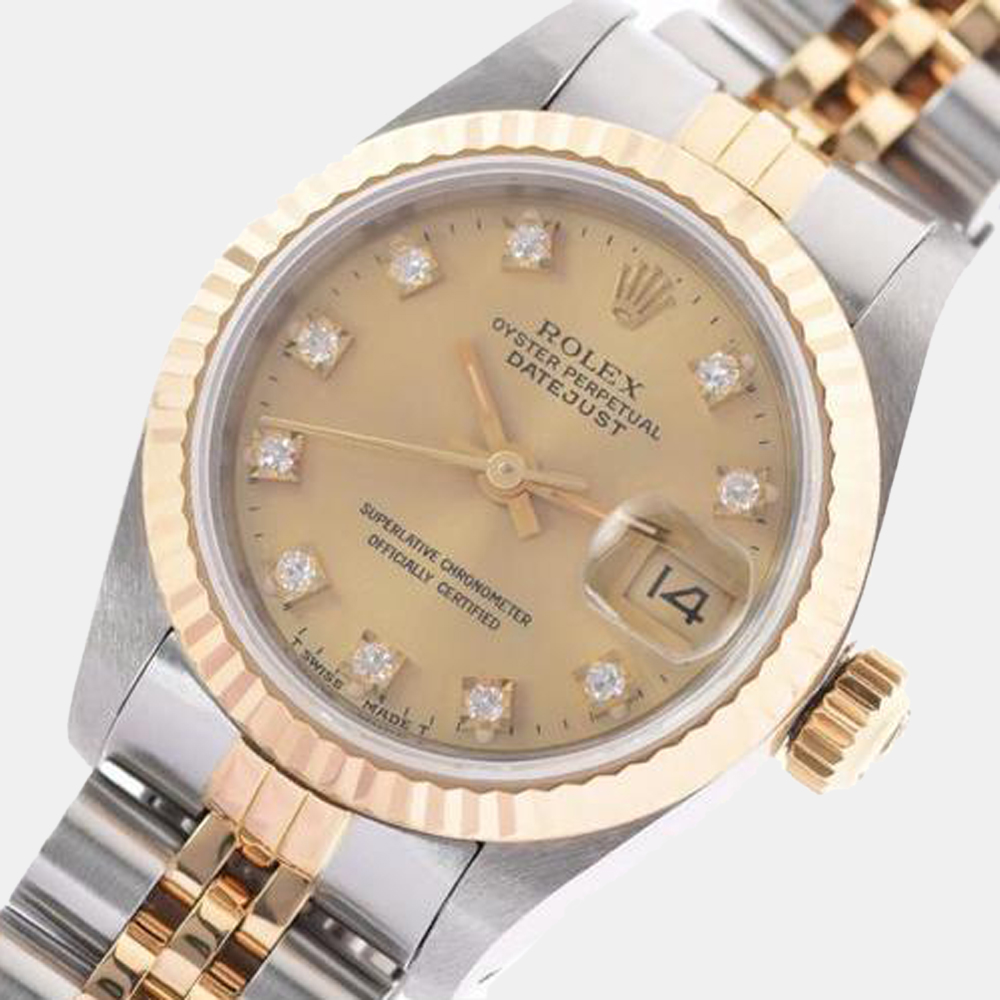 

Rolex Champagne Diamond 18K Yellow Gold And Stainless Steel Datejust 69173G Automatic Women's Wristwatch 26 mm