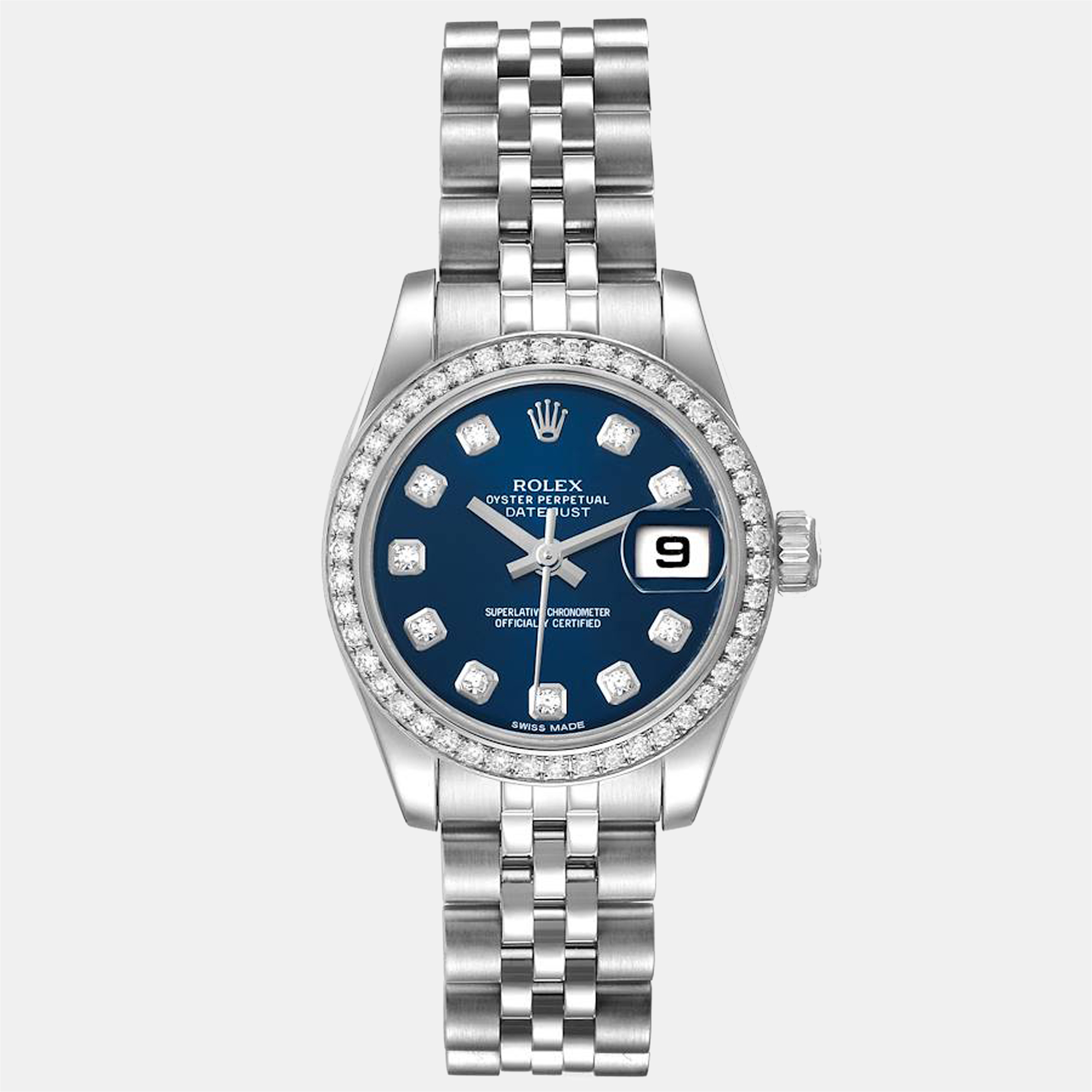 Pre-owned Rolex Blue Diamonds 18k White Gold And Stainless Steel Datejust 179384 Women's Wristwatch 26 Mm