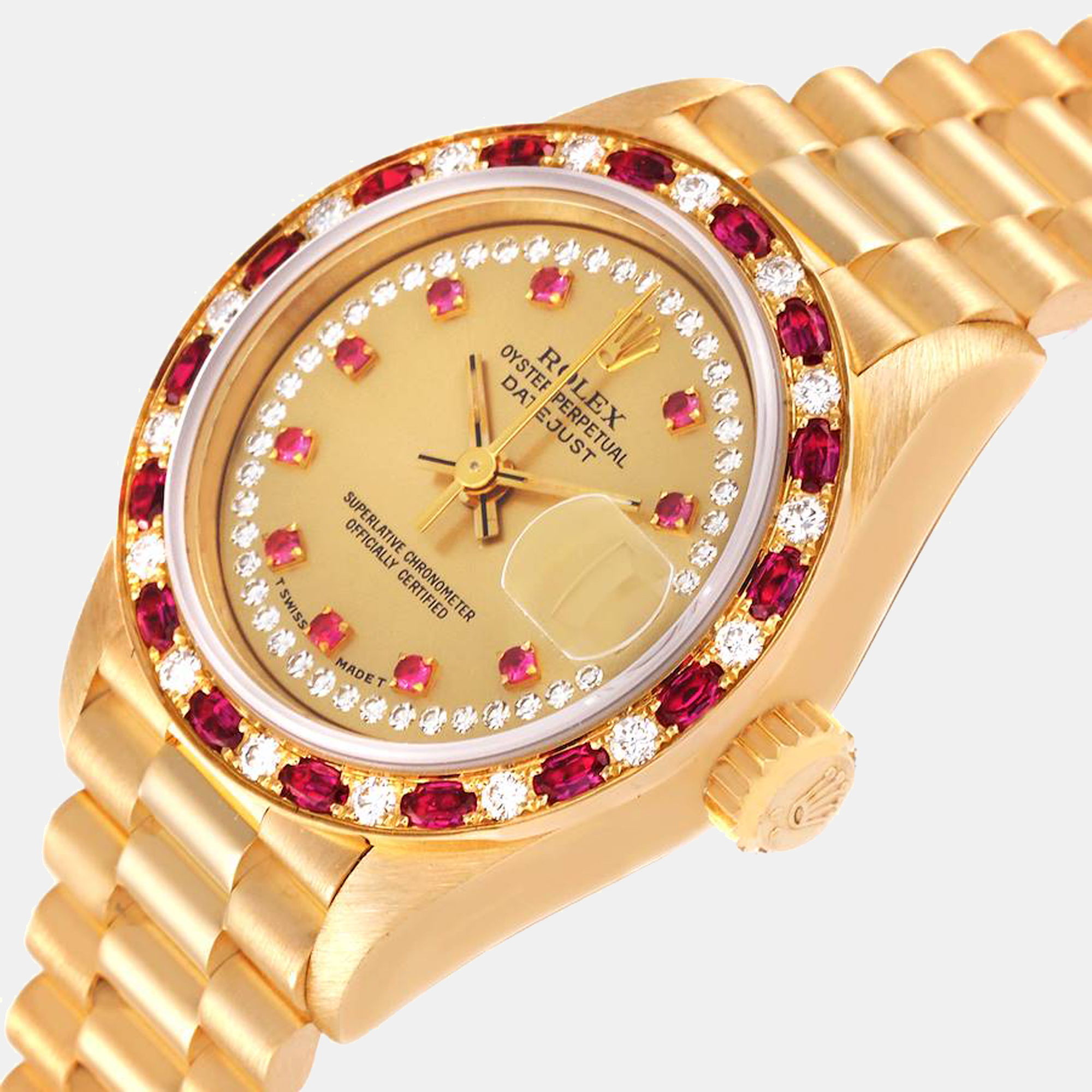 

Rolex Champagne Diamonds And Ruby 18K Yellow Gold President Datejust 69198 Women's Wristwatch 26 mm