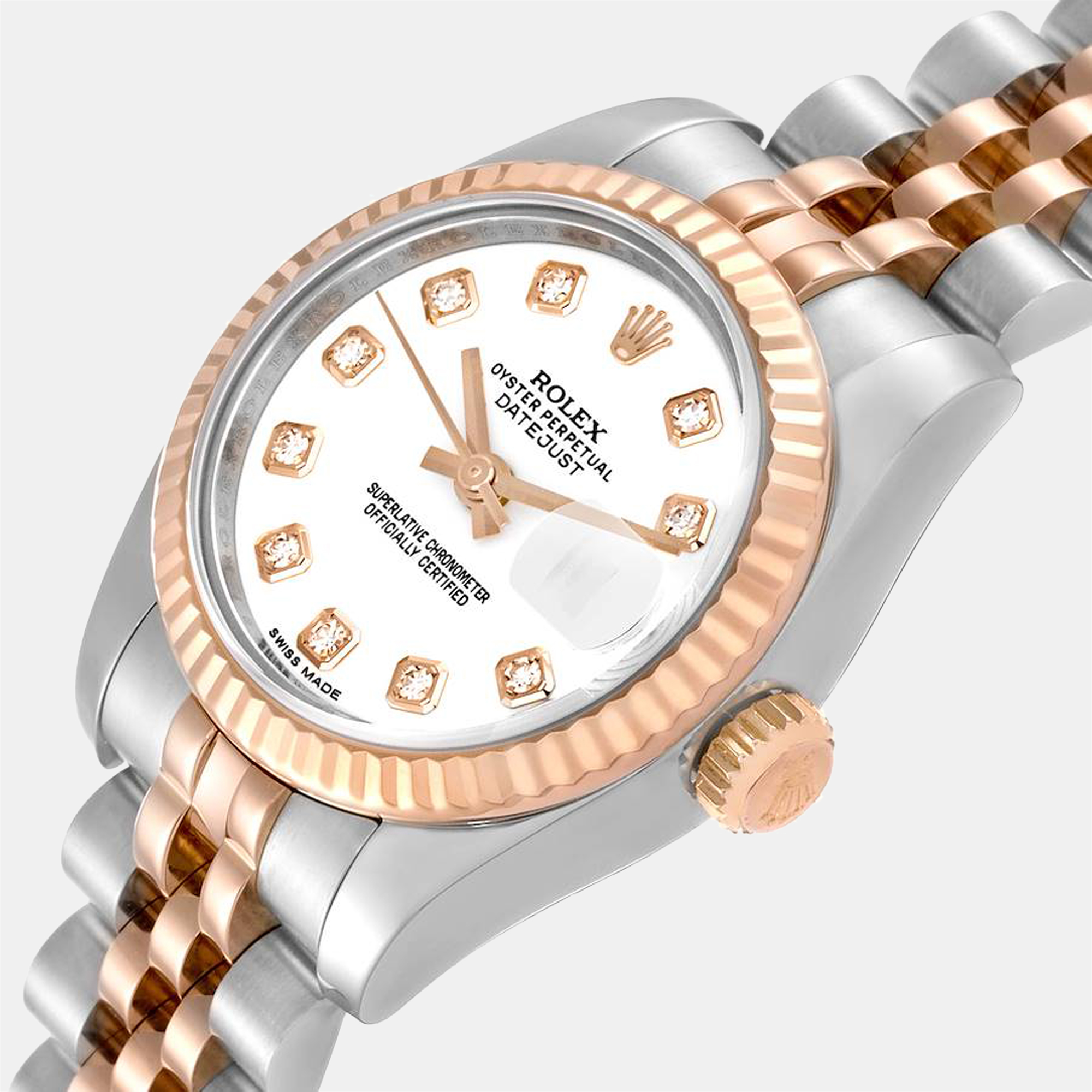 

Rolex White Diamonds 18K Rose Gold And Stainless Steel Datejust 179171 Automatic Women's Wristwatch 26 mm