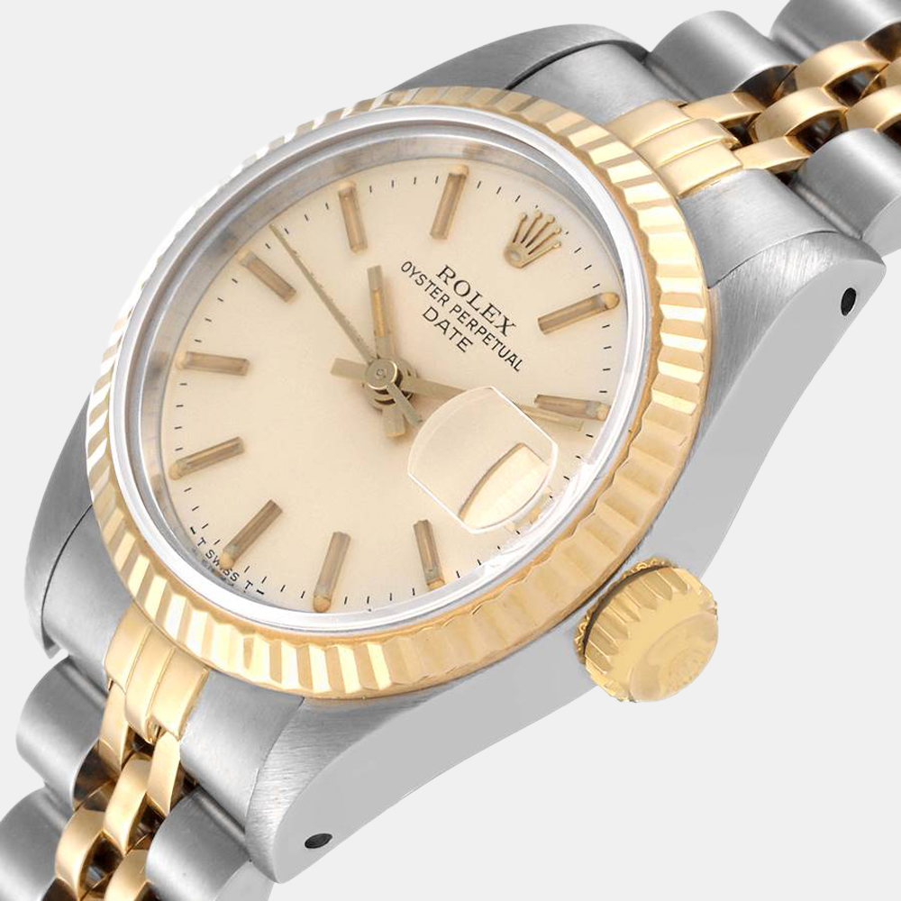 

Rolex Silver 18k Yellow Gold And Stainless Steel Oyster Perpetual Date 69173 Automatic Women's Wristwatch 26 mm