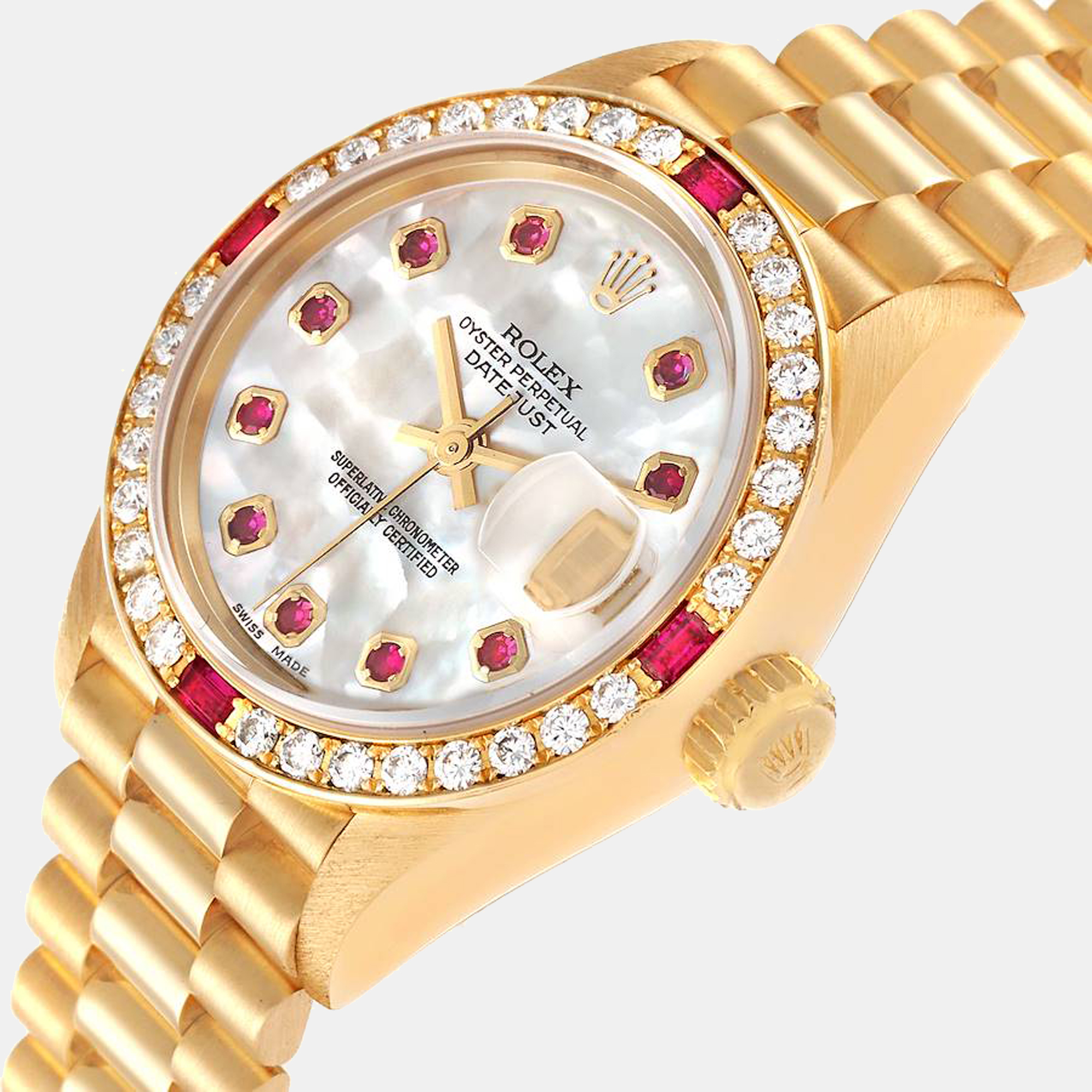 

Rolex MOP Diamonds Ruby 18K Yellow Gold President Datejust 69068 Women's Wristwatch 26 mm, White