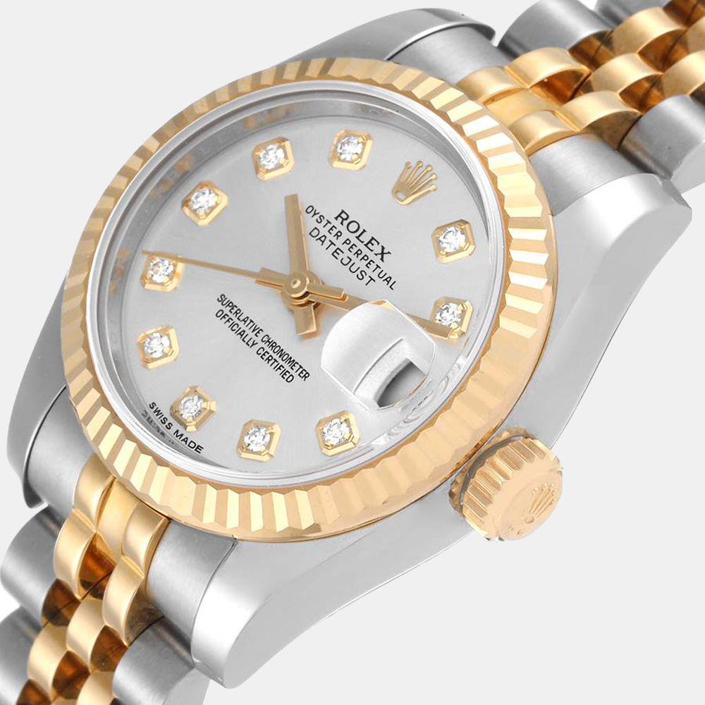 

Rolex Silver Diamond 18k Yellow Gold And Stainless Steel Datejust 179173 Automatic Women's Wristwatch 26 mm