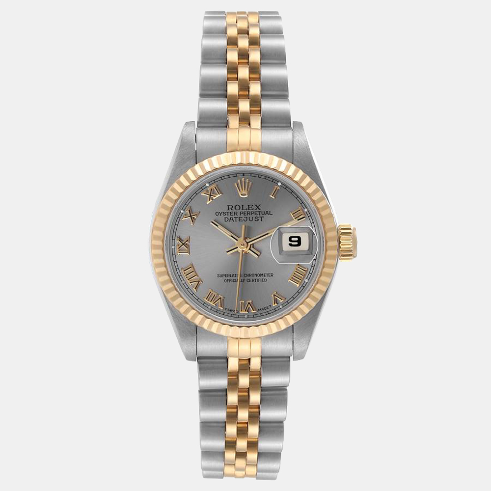 Pre-owned Rolex Grey 18k Yellow Gold And Stainless Steel Datejust 69173 Automatic Women's Wristwatch 26 Mm