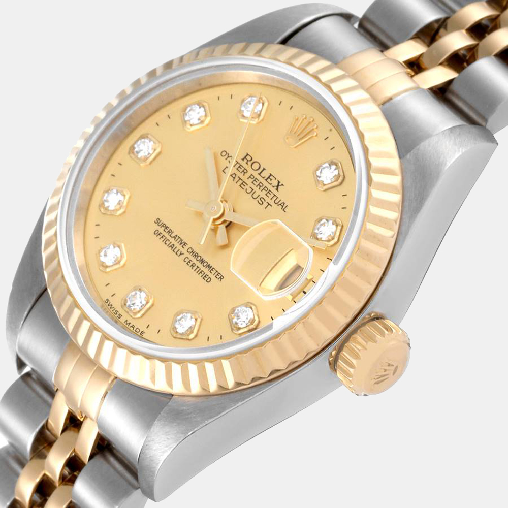 

Rolex Champagne Diamond 18k Yellow Gold And Stainless Steel Datejust 69173 Automatic Women's Wristwatch 26 mm