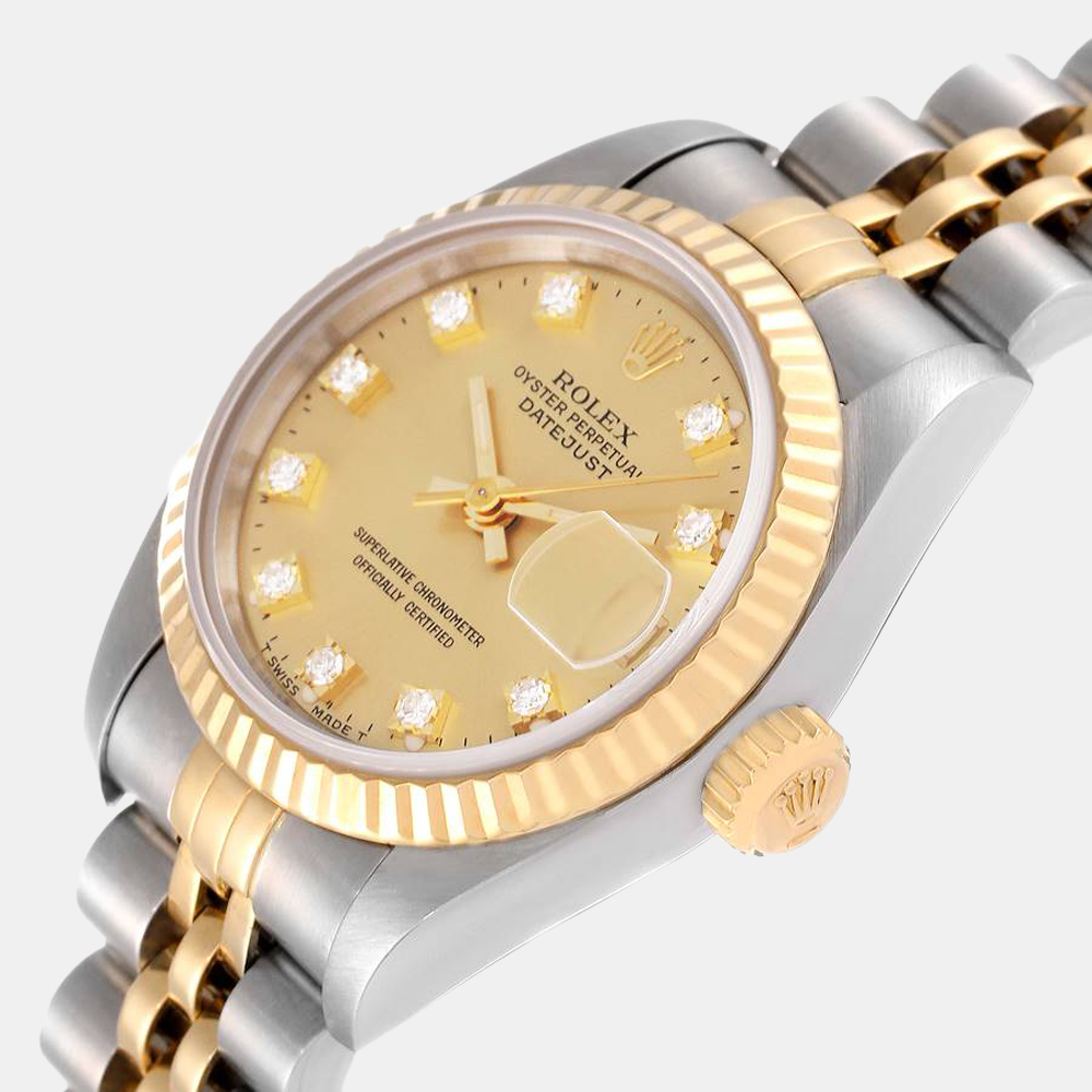 

Rolex Champagne Diamond 18k Yellow Gold And Stainless Steel Datejust 69173 Automatic Women's Wristwatch 26 mm