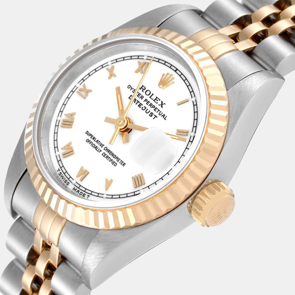 

Rolex White 18k Yellow Gold And Stainless Steel Datejust 69173 Automatic Women's Wristwatch 26 mm
