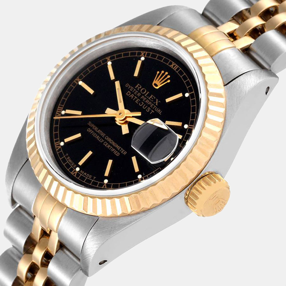 

Rolex Black 18k Yellow Gold And Stainless Steel Datejust 69173 Automatic Women's Wristwatch 26 mm