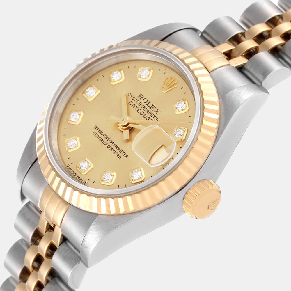 

Rolex Champagne Diamond 18k Yellow Gold And Stainless Steel Datejust 69173 Automatic Women's Wristwatch 26 mm