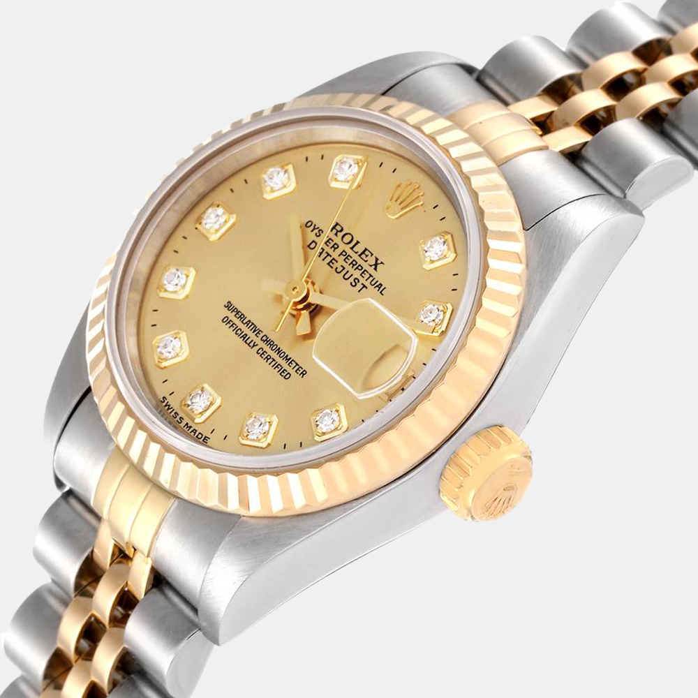 

Rolex Champagne Diamond 18k Yellow Gold And Stainless Steel Datejust 69173 Automatic Women's Wristwatch 26 mm