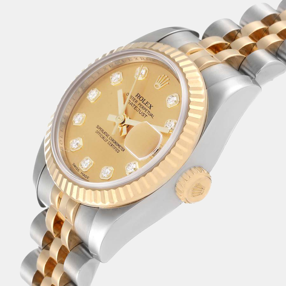 

Rolex Champagne Diamond 18k Yellow Gold And Stainless Steel Datejust 179173 Automatic Women's Wristwatch 26 mm