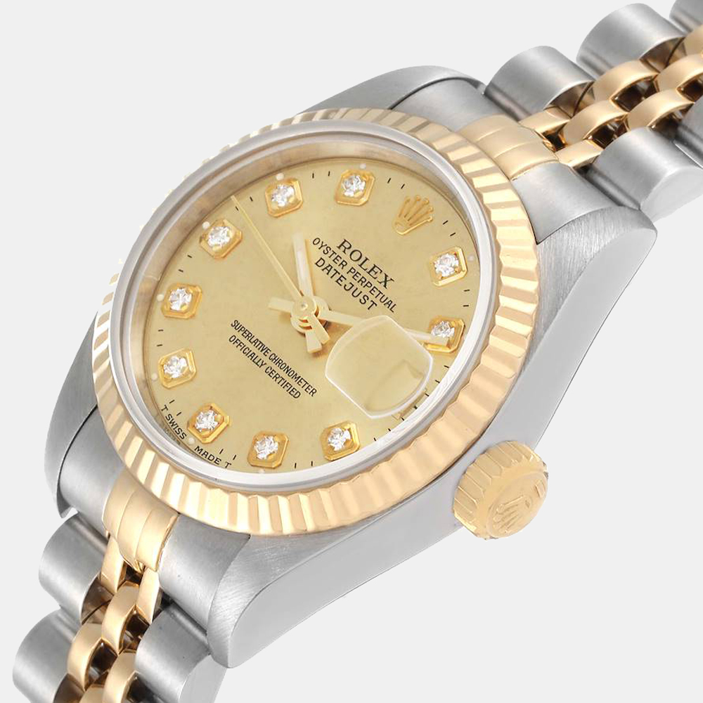 

Rolex Champagne Diamond 18k Yellow Gold And Stainless Steel Datejust 69173 Automatic Women's Wristwatch 26 mm
