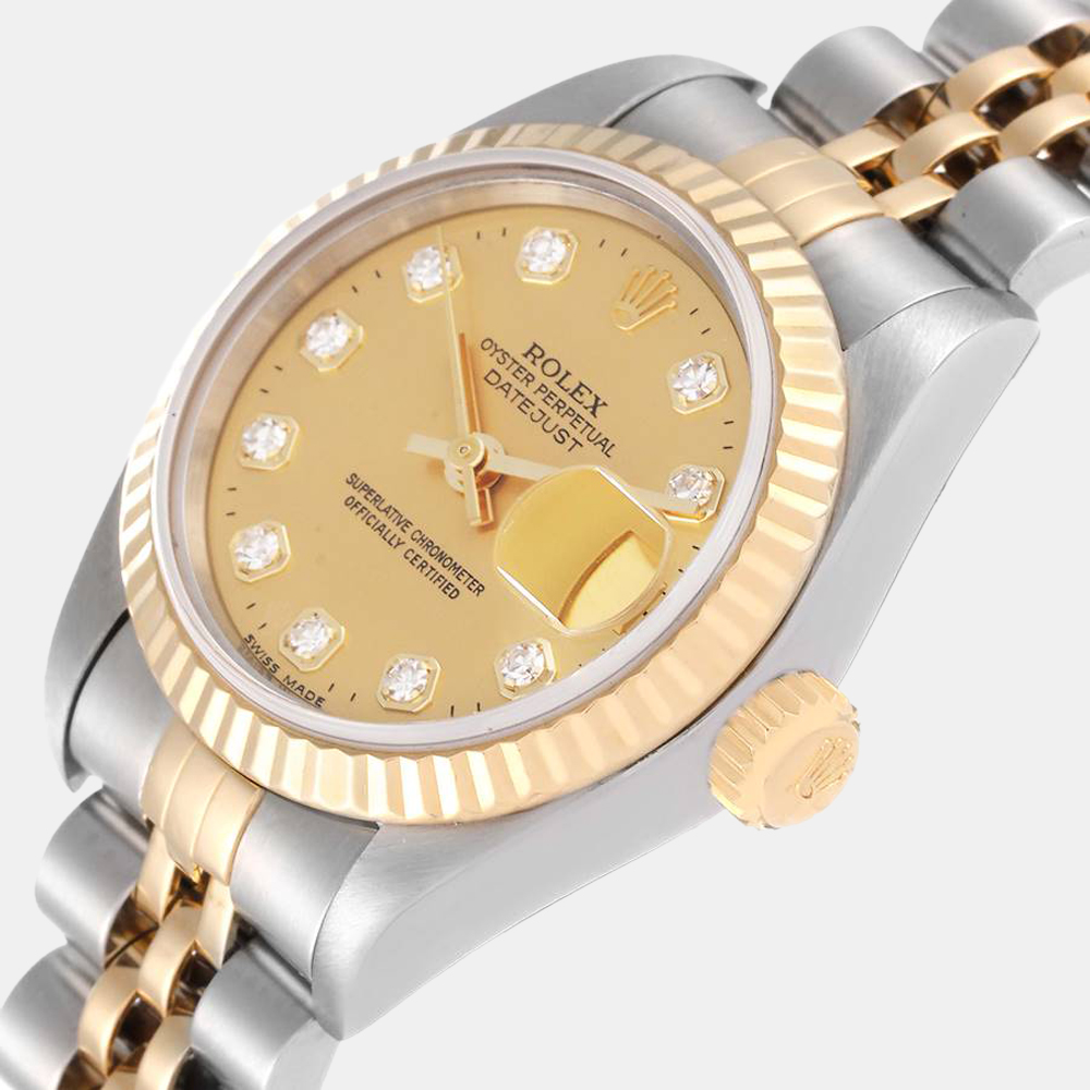 

Rolex Champagne Diamond 18k Yellow Gold And Stainless Steel Datejust 69173 Automatic Women's Wristwatch 26 mm