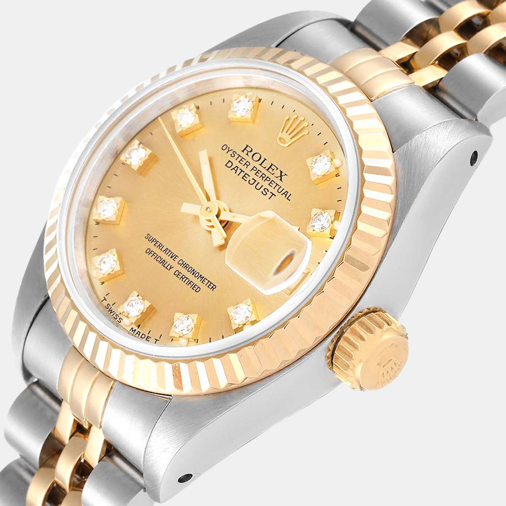 

Rolex Champagne Diamond 18k Yellow Gold And Stainless Steel Datejust 69173 Automatic Women's Wristwatch 26 mm