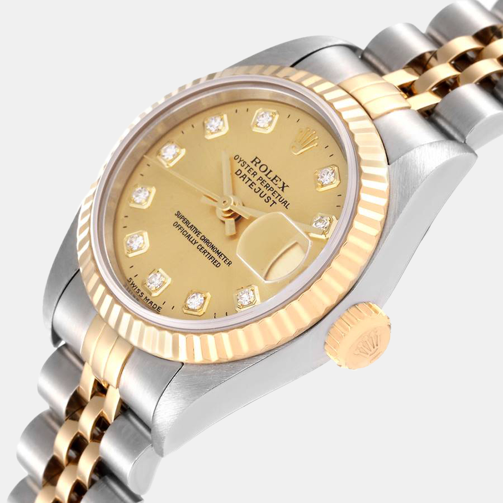 

Rolex Champagne Diamond 18k Yellow Gold And Stainless Steel Datejust 69173 Automatic Women's Wristwatch 26 mm