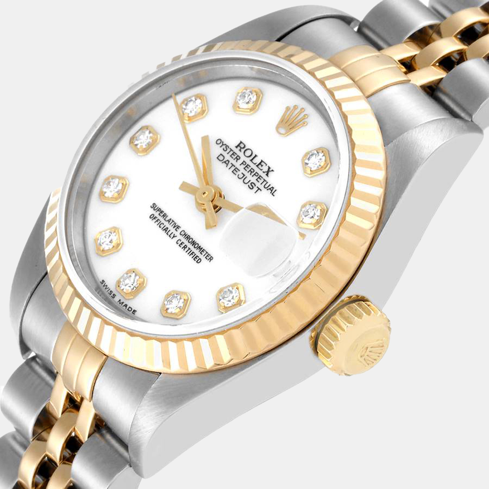 

Rolex White Diamond 18k Yellow Gold And Stainless Steel Datejust 79173 Automatic Women's Wristwatch 26 mm