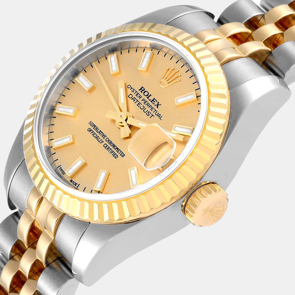 

Rolex Champagne 18k Yellow Gold And Stainless Steel Datejust 179173 Automatic Women's Wristwatch 26 mm