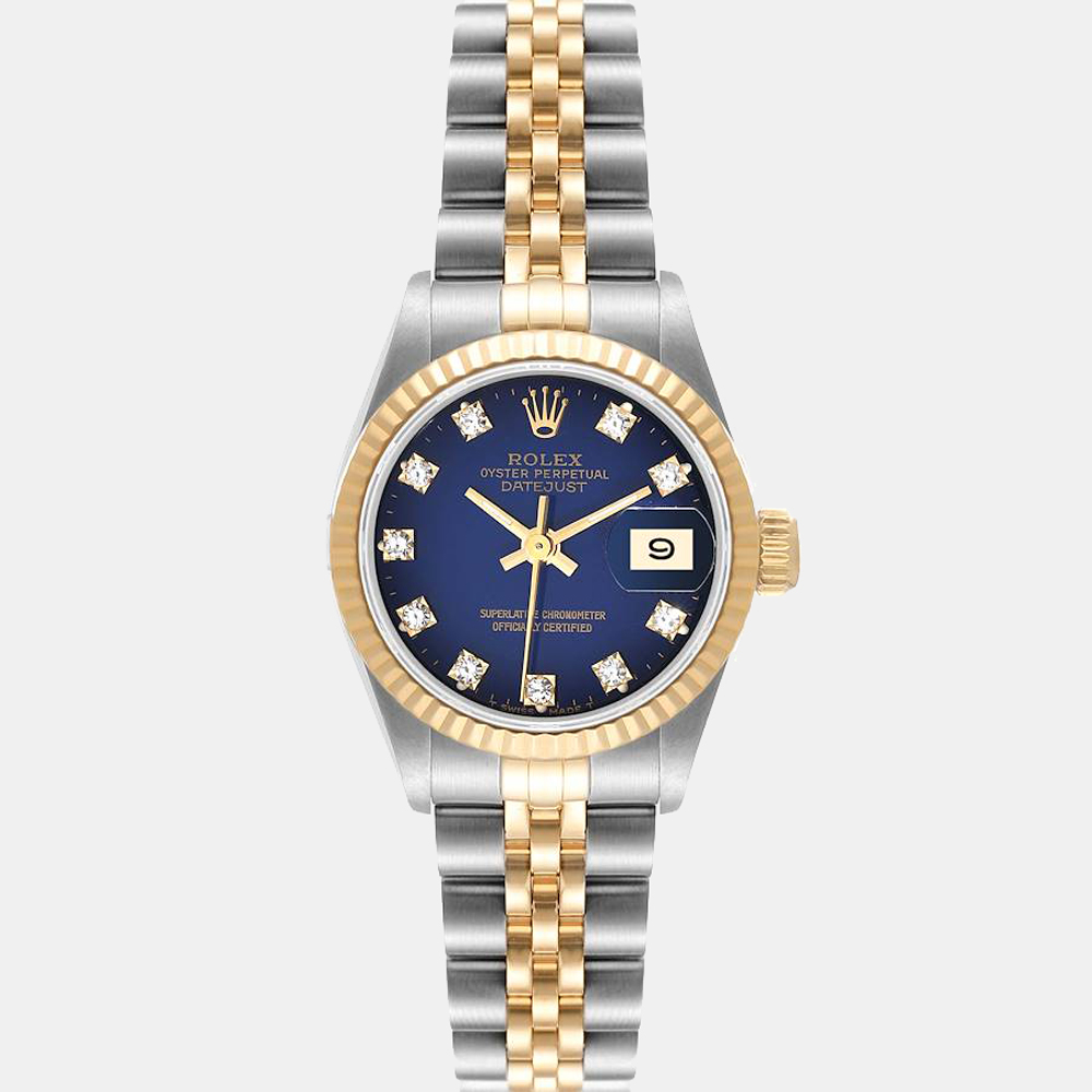 Pre Owned Rolex Blue Diamond 18k Yellow Gold And Stainless Steel Datejust 69173 Automatic Women's Wristwatch 26 mm
