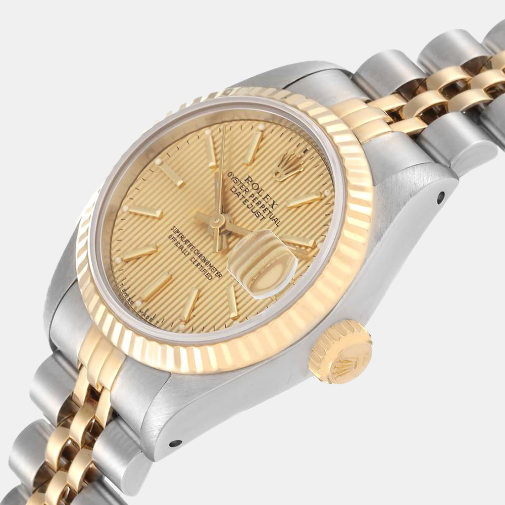 

Rolex Champagne 18k Yellow Gold And Stainless Steel Datejust 69173 Automatic Women's Wristwatch 26 mm