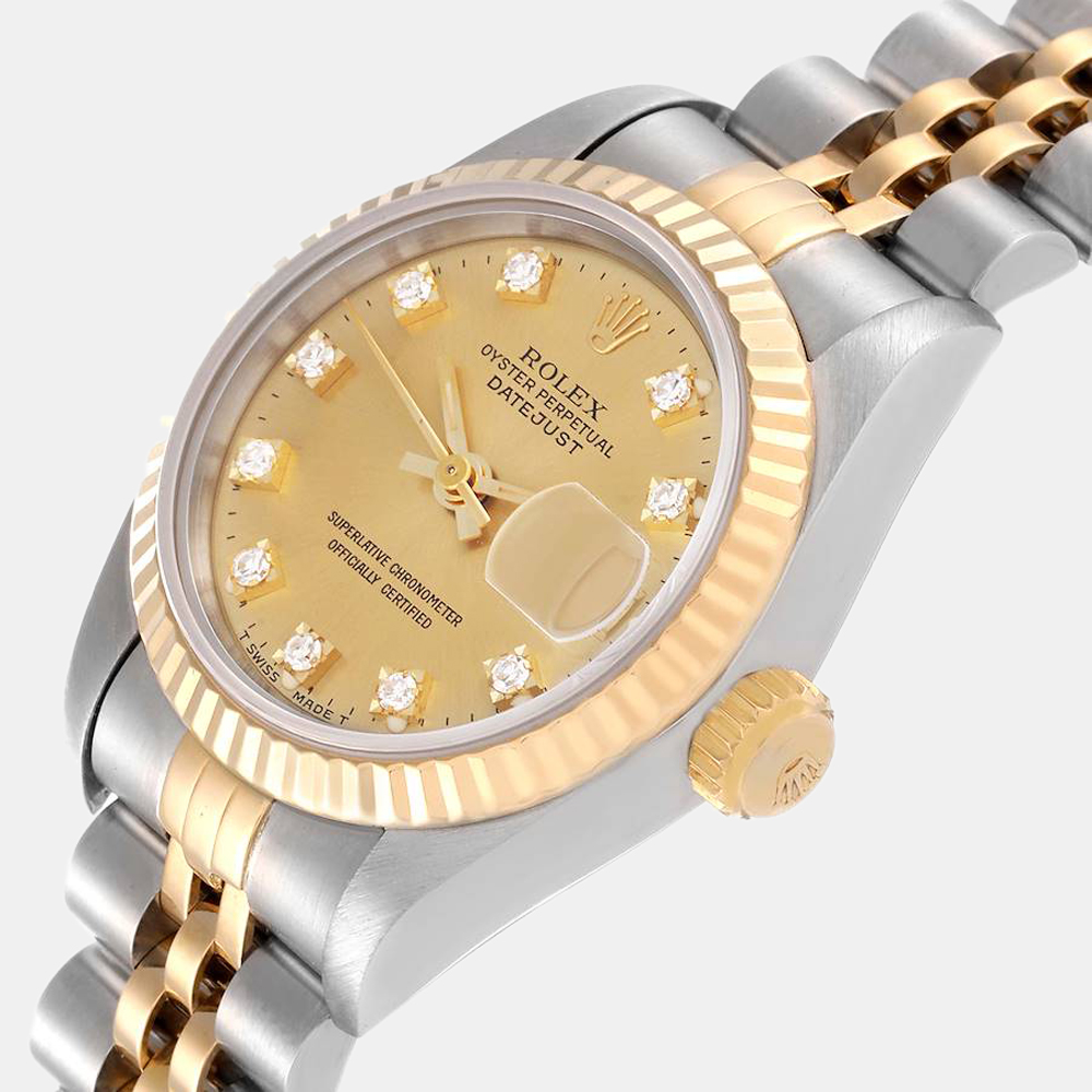 

Rolex Champagne Diamond 18k Yellow Gold And Stainless Steel Datejust 69173 Automatic Women's Wristwatch 26 mm