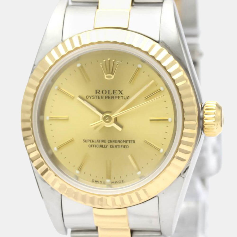 

Rolex Champagne 18k Yellow Gold And Stainless Steel Oyster Perpetual 76193 Automatic Women's Wristwatch 24 mm
