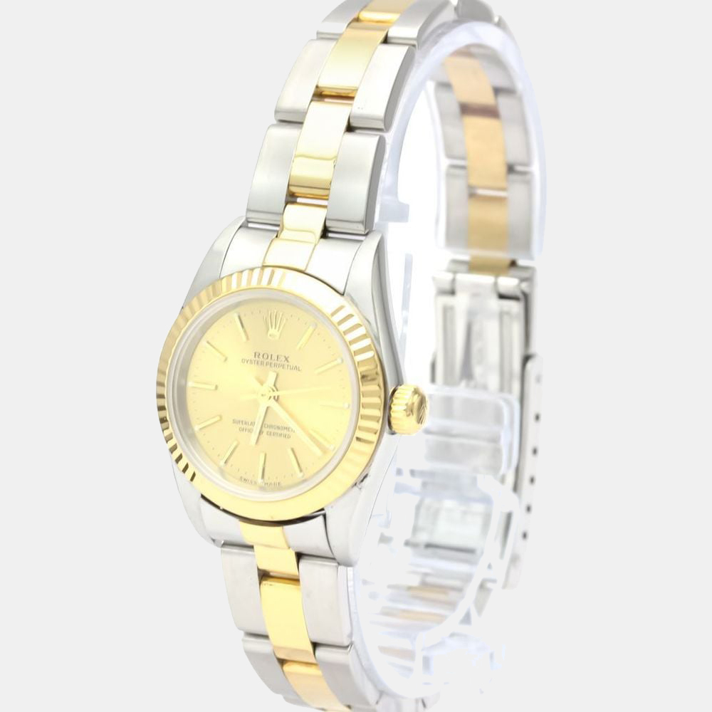 Champagne 18k Yellow Gold And Stainless Steel Oyster Perpetual 76193 Automatic Women's Wristwatch 24 mm