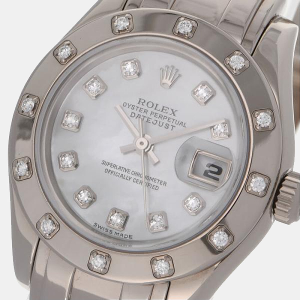 

Rolex White Shell Diamond 18k White Gold Pearlmaster 80319 Automatic Women's Wristwatch 29 mm
