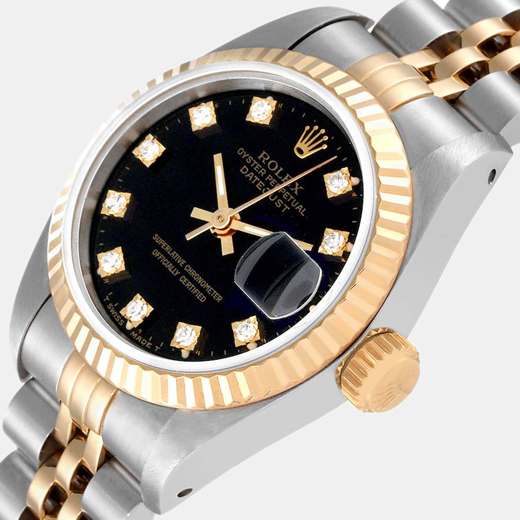 

Rolex Black Diamond 18k Yellow Gold And Stainless Steel Datejust 69173 Automatic Women's Wristwatch 26 mm