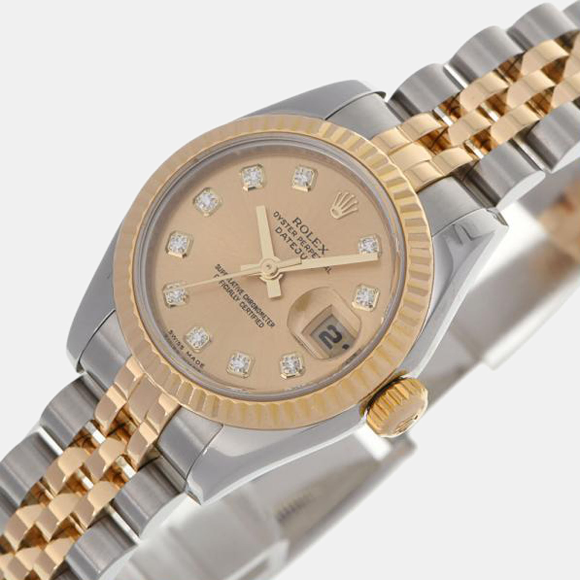 

Rolex Chamopagne Diamond 18k Yellow Gold And Stainless Steel Datejust 179173G Automatic Women's Wristwatch 26 mm