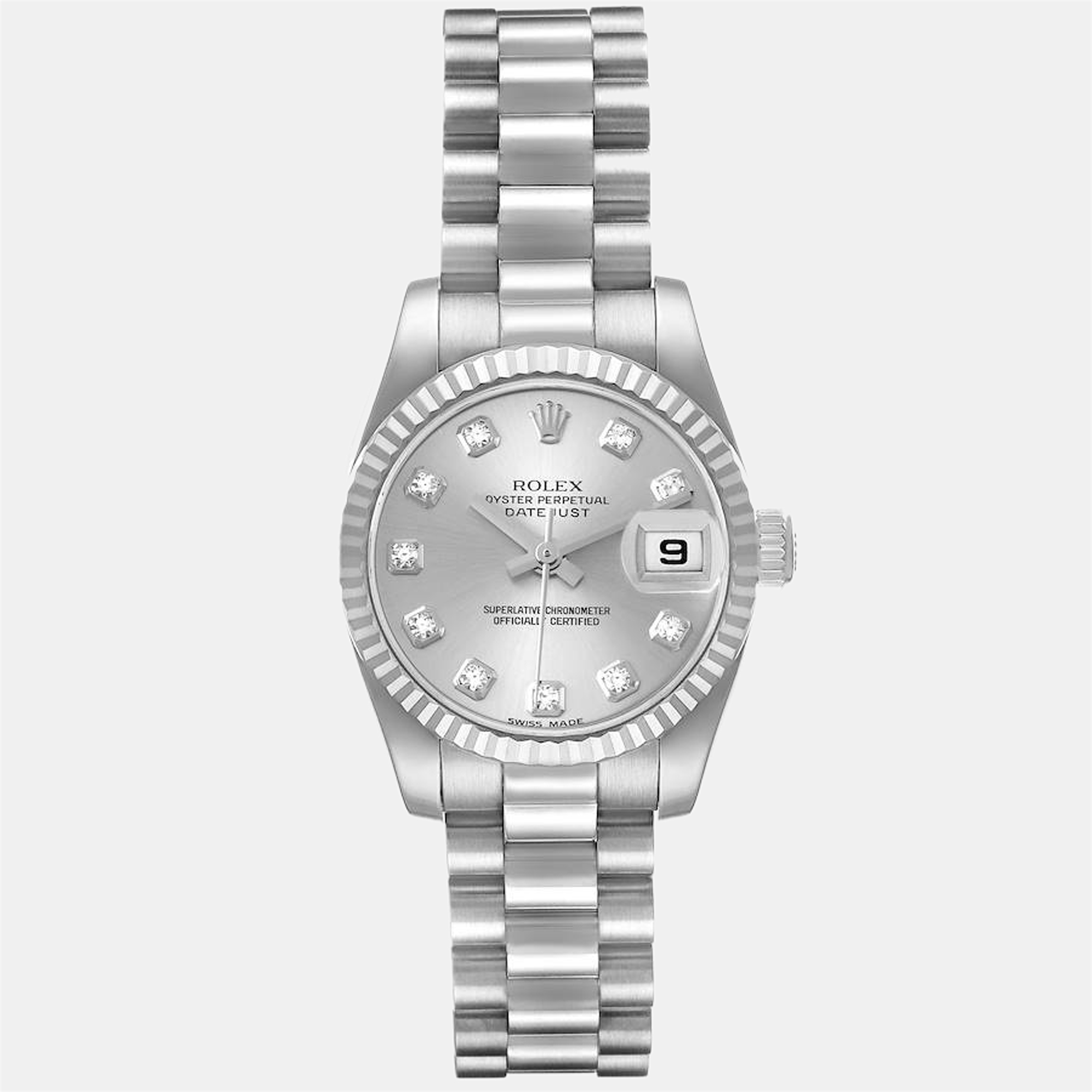 Pre-owned Rolex Silver Diamonds 18k White Gold President Datejust 179179 Automatic Women's Wristwatch 26 Mm