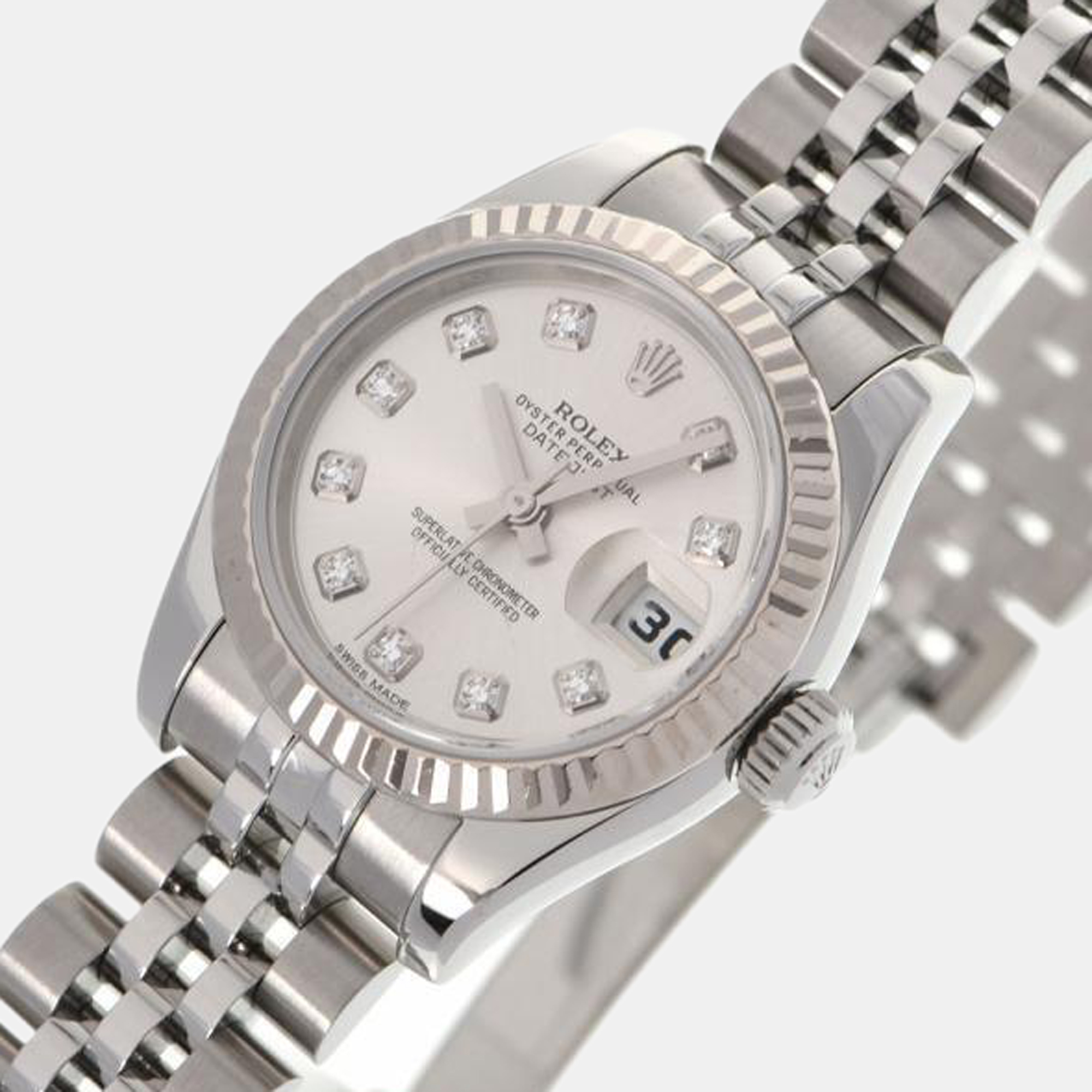 

Rolex Silver Diamond 18k White Gold And Stainless Steel Datejust 179174 Automatic Women's Wristwatch 26 mm