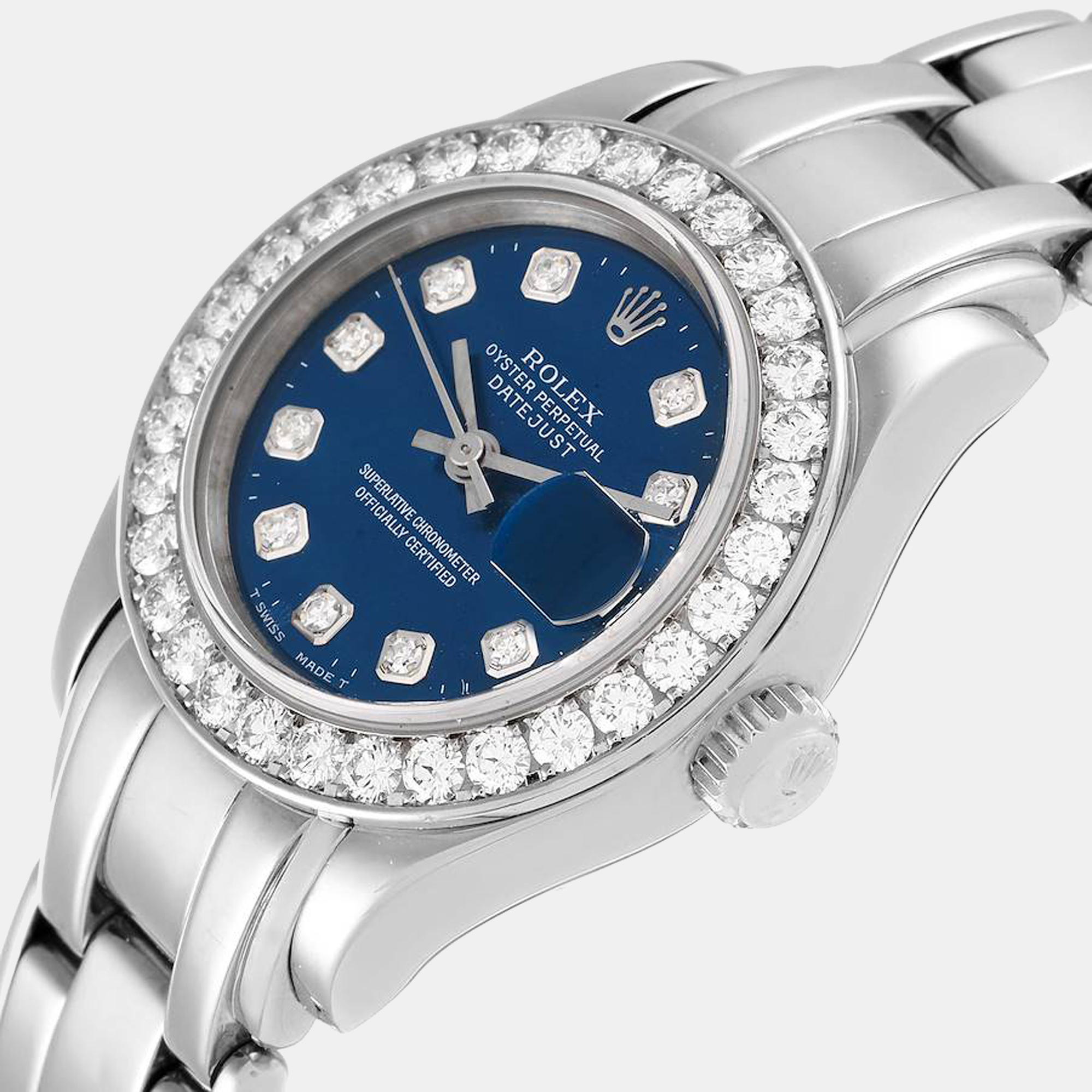 

Rolex Blue Diamonds 18K White Gold Pearlmaster 69299 Women's Wristwatch 29 mm