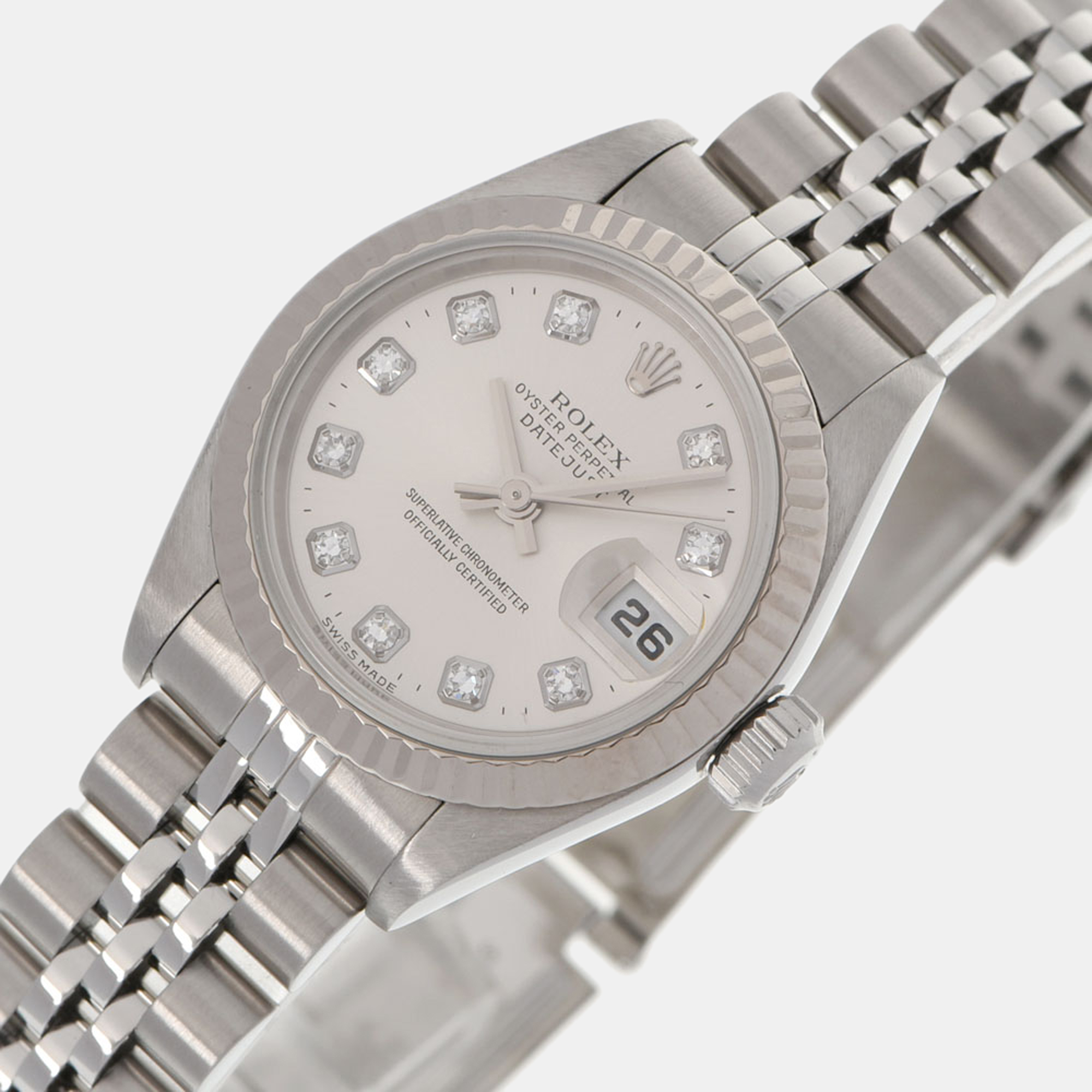 

Rolex Silver Diamond 18k White Gold And Stainless Steel Datejust 79174 Automatic Women's Wristwatch 26 mm