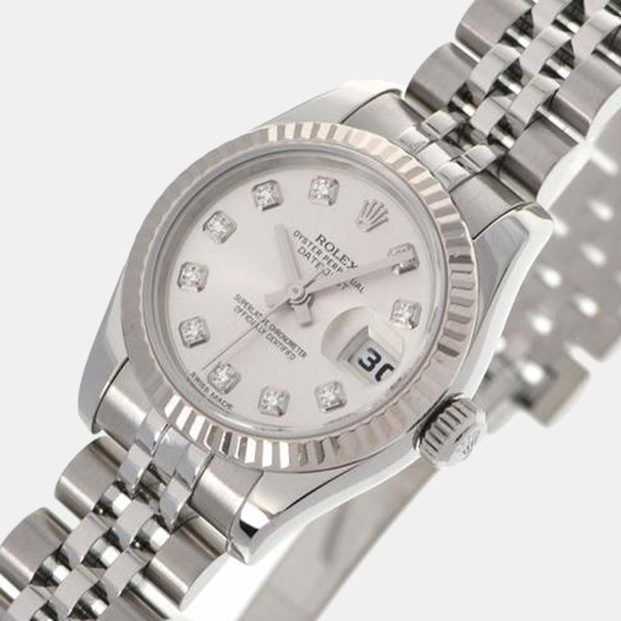 

Rolex Silver Diamond Stainless Steel Datejust 179174 Automatic Women's Wristwatch 26 mm