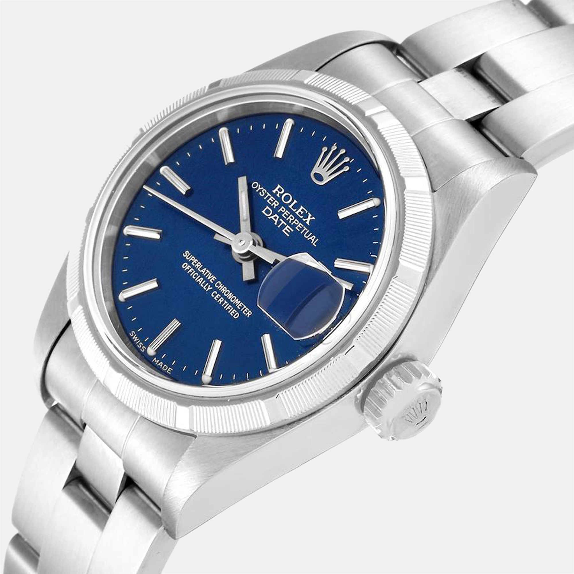 

Rolex Blue Stainless Steel Oyster Perpetual Date 69190 Women's Wristwatch 26 mm