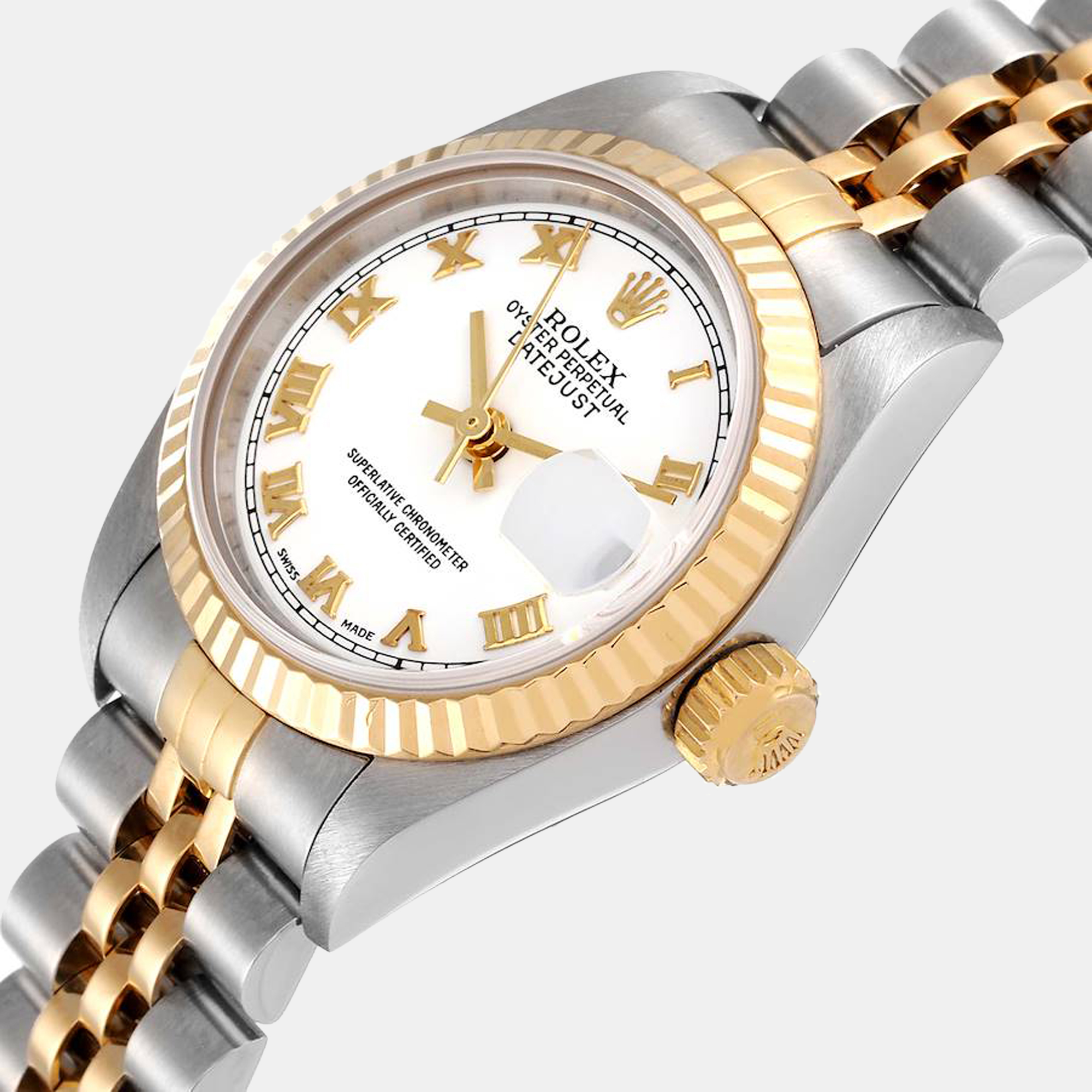 

Rolex White 18k Yellow Gold And Stainless Steel Datejust 79173 Automatic Women's Wristwatch 26 mm