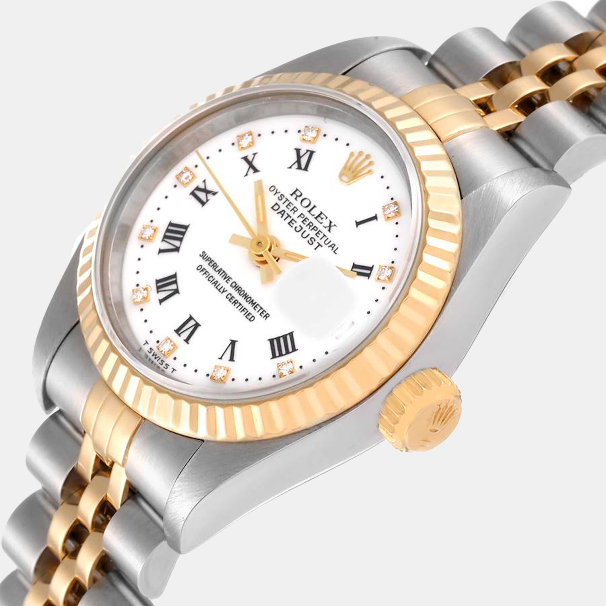 

Rolex White Diamond 18k Yellow Gold And Stainless Steel Datejust 69173 Automatic Women's Wristwatch 26 mm