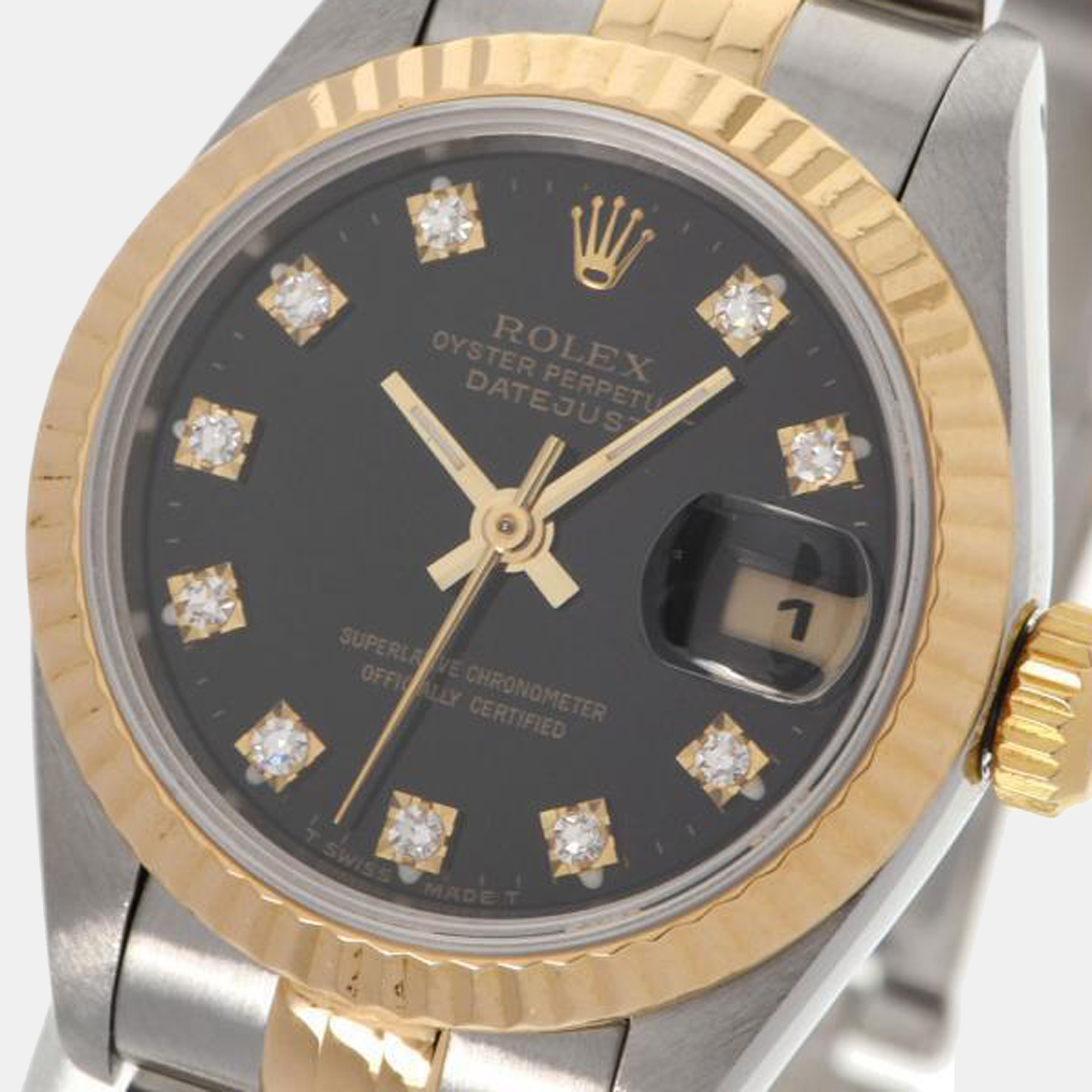 

Rolex Black Diamond 18k Yellow Gold And Stainless Steel Datejust 69173 Automatic Women's Wristwatch 26 mm