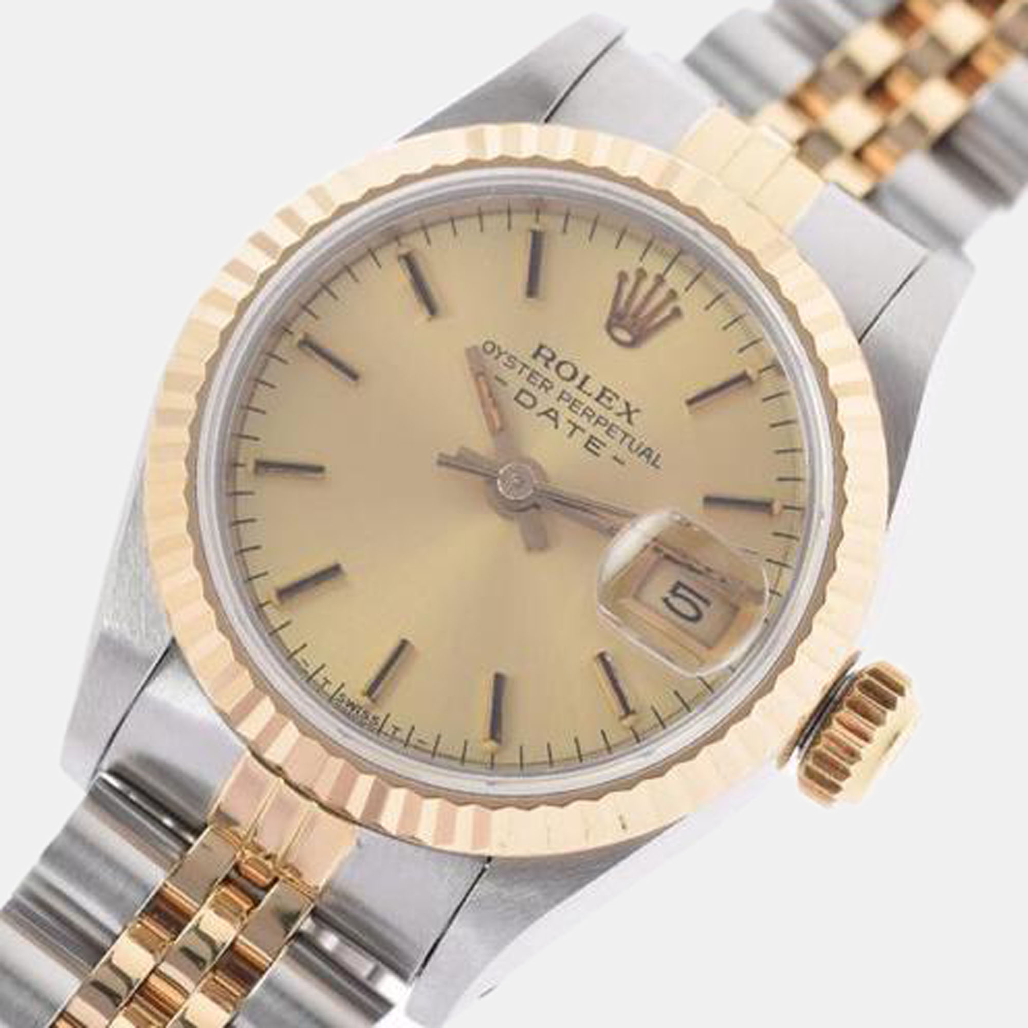 

Rolex Champagne 18k Yellow Gold And Stainless Steel Oyster Perpetual 69173 Automatic Women's Wristwatch 26 mm